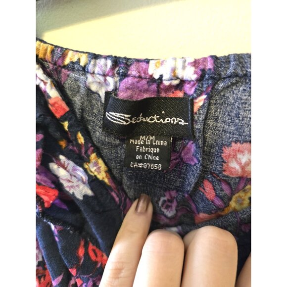 Vintage Y2K Strapless Floral Romper Ruffle Pockets Cottage Beach Navy Pink Sz M - Picture 4 of 4